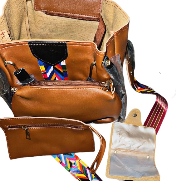 Last - New 4 Piece set of Brown Faux Leather Bag w/ Bright Reversible Straps - Picture 15 of 15